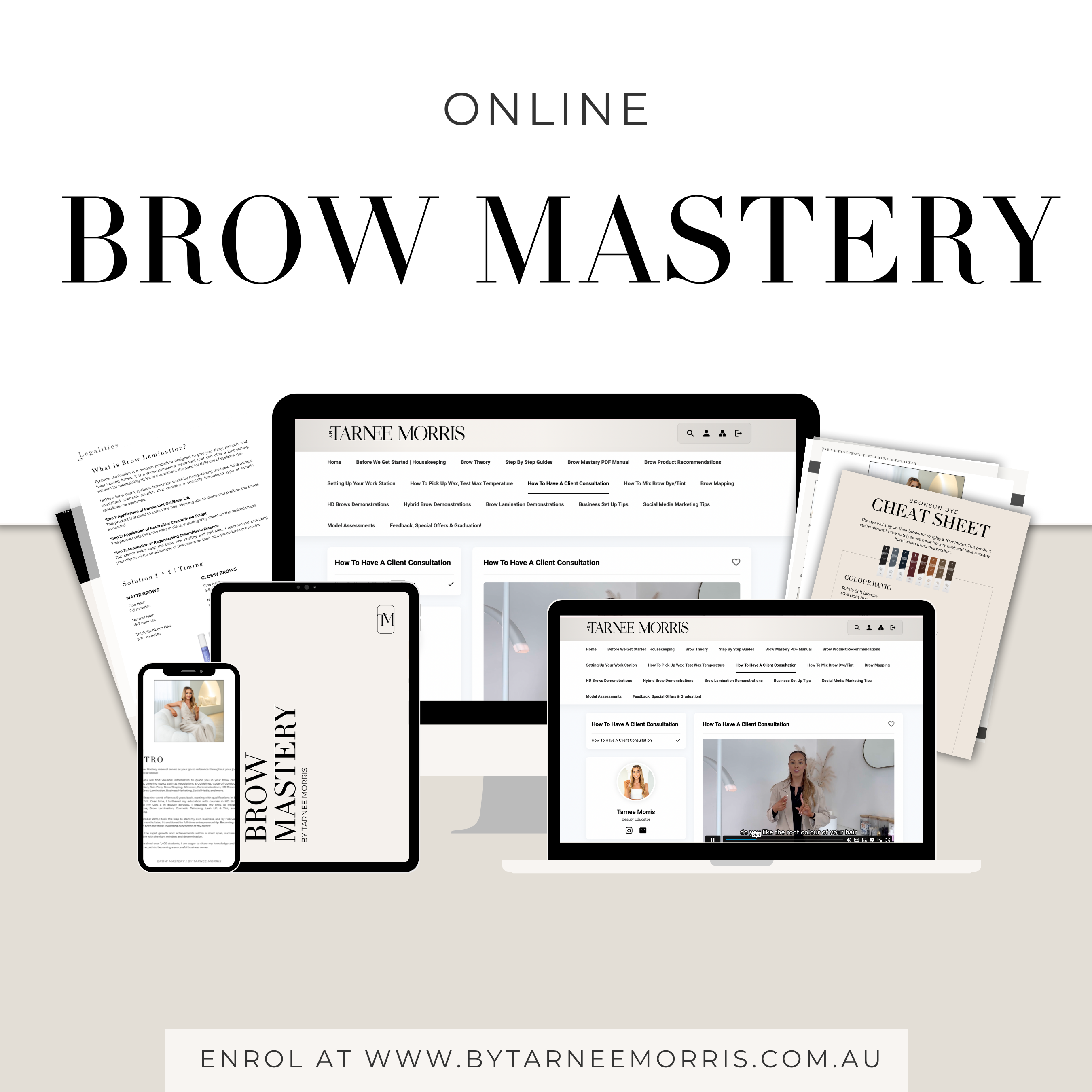Online Brow Mastery' course by Tarnee Morris, providing in-depth tutorials, cheat sheets, and expert guidance to help professionals perfect their brow sculpting and styling skills.
