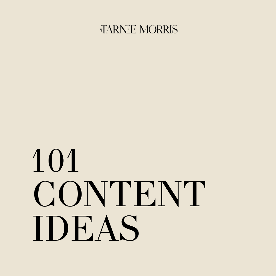 Minimalist cover design for the '101 Content Ideas' e-book by Tarnee Morris, featuring bold black text on a beige background. The e-book provides inspiration and guidance for creating engaging content.